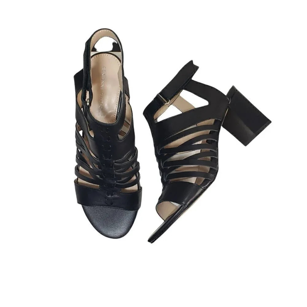 Adrienne Vittadini Black Pense Cage Open Toe Slingback Sandals Sz 7.5M